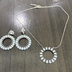 White Stone Halo Pendant Necklace and Earrings Set